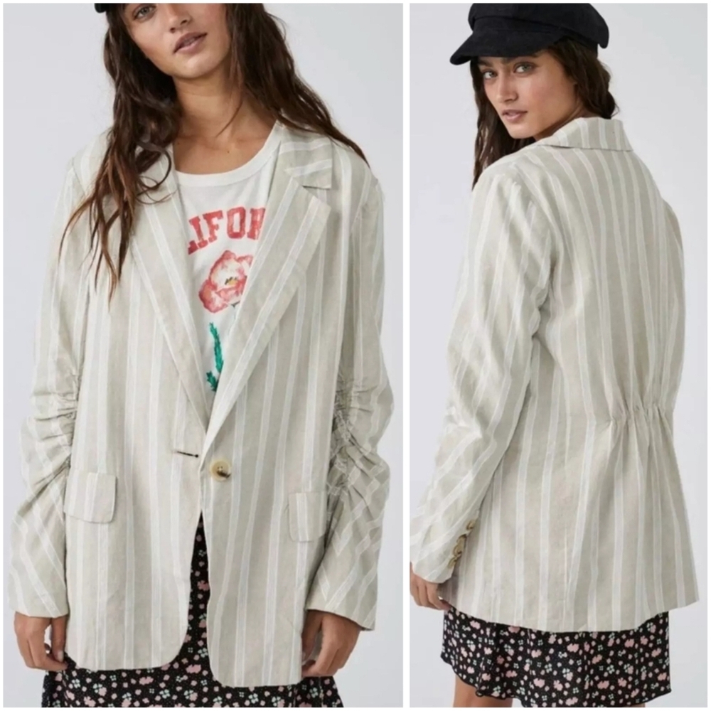 Free People Linen Blend Fern Relaxed Oversized Blazer Dusty Beige Small NWT New